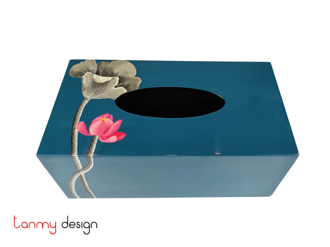 Blue tissue box hand painted with lotus 12 25cm
